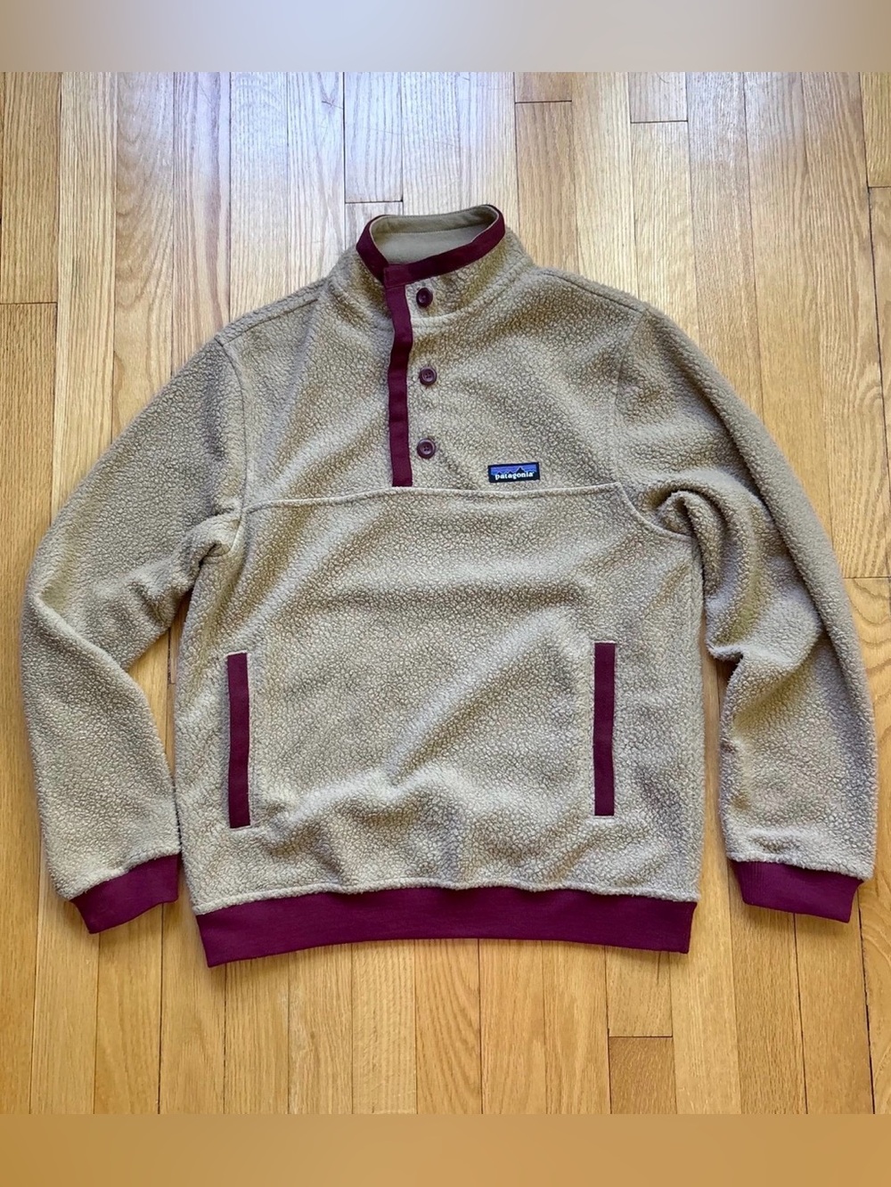 Patagonia Men’s Shearling Fleece Button Pullover Sherpa Small Tan Maroon